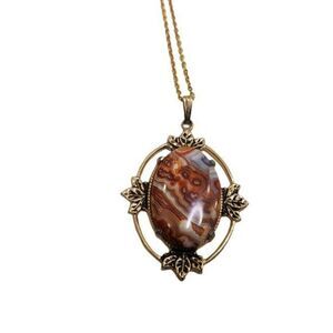 Red Orange Madagascar Agate Necklace‎ Gold Tone Gem